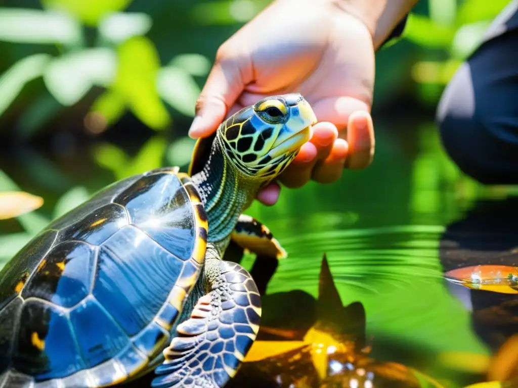 Un voluntario libera con cuidado una tortuga rehabilitada en un exuberante humedal, transmitiendo satisfacción y respeto