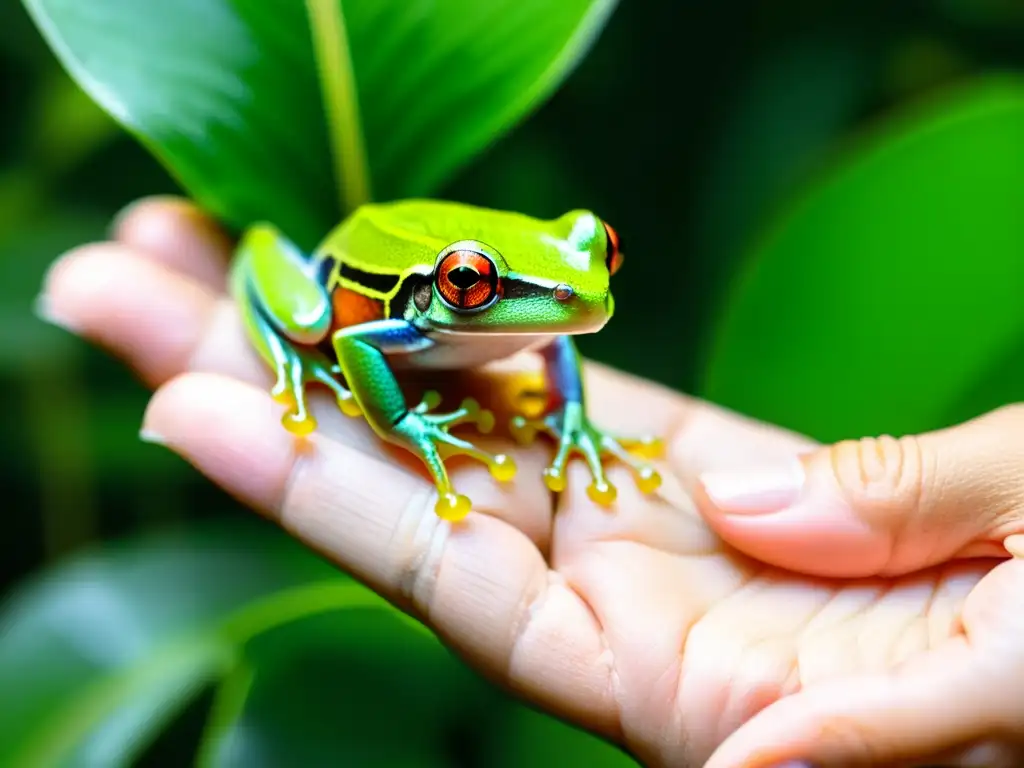 Voluntario liberando cuidadosamente una diminuta rana verde en la exuberante selva tropical