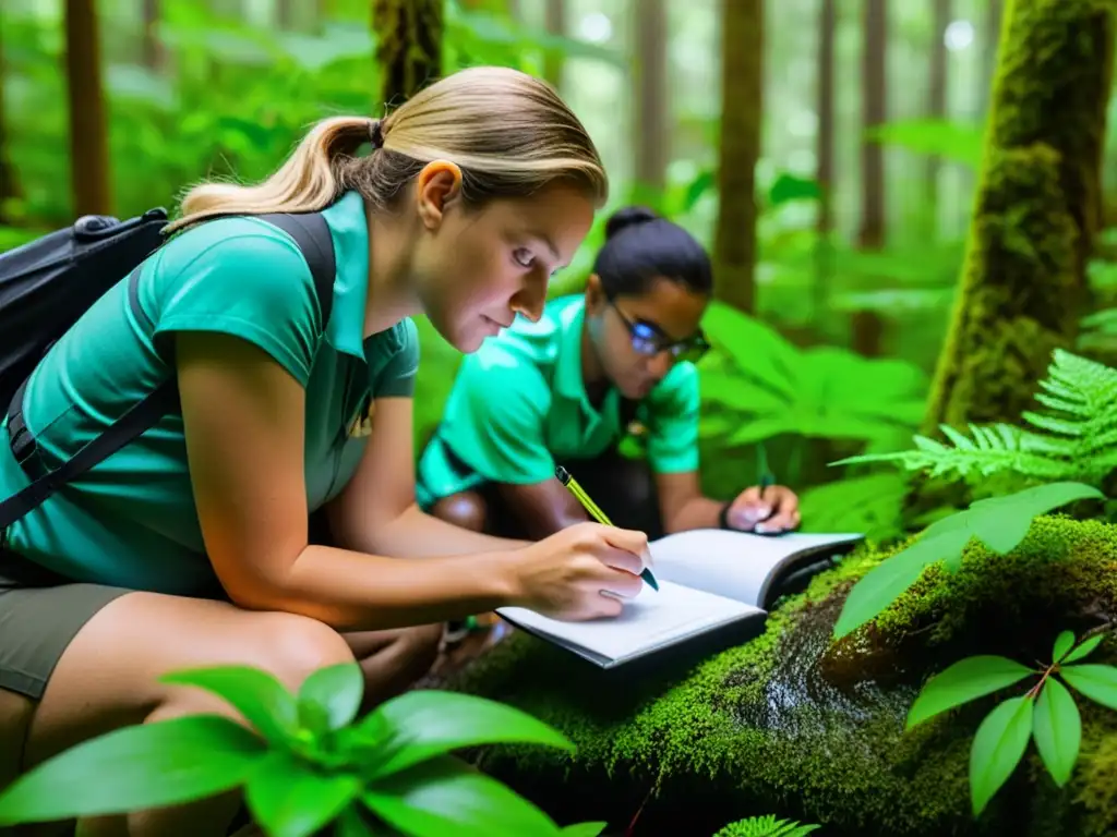 Voluntarios documentando anfibios en un bosque biodiverso, mostrando la importancia de la conservación de anfibios mediante ciencia ciudadana