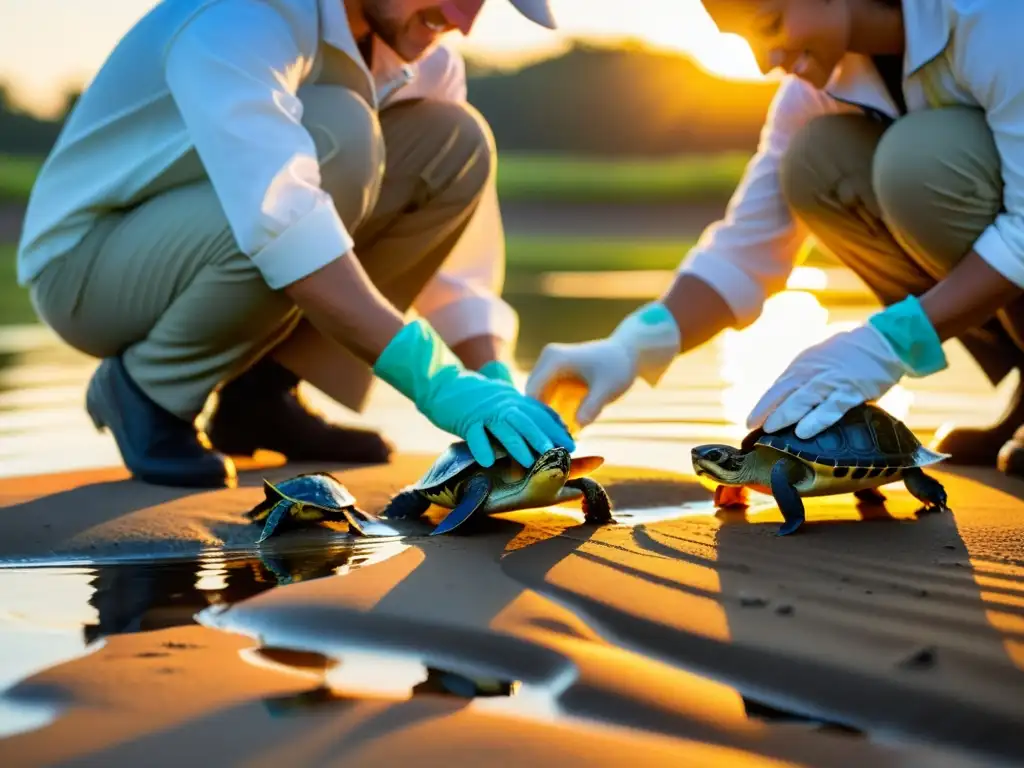 Voluntarios liberando crías de tortugas en humedal al atardecer