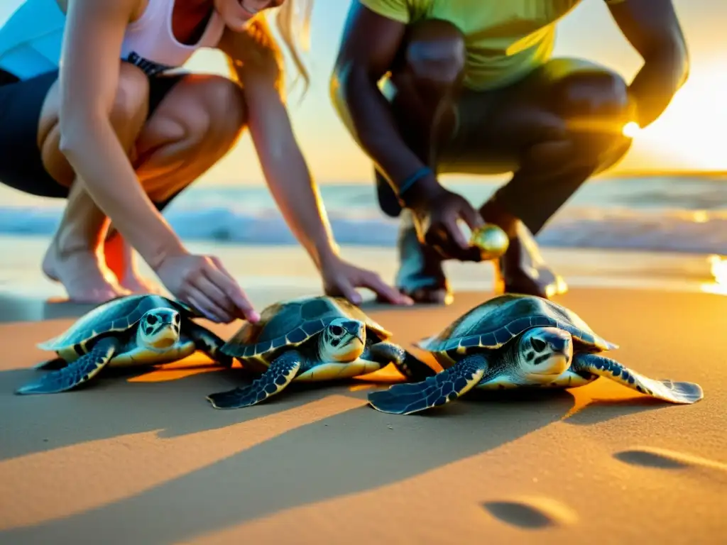 Voluntarios liberando con cuidado crías de tortugas marinas al atardecer