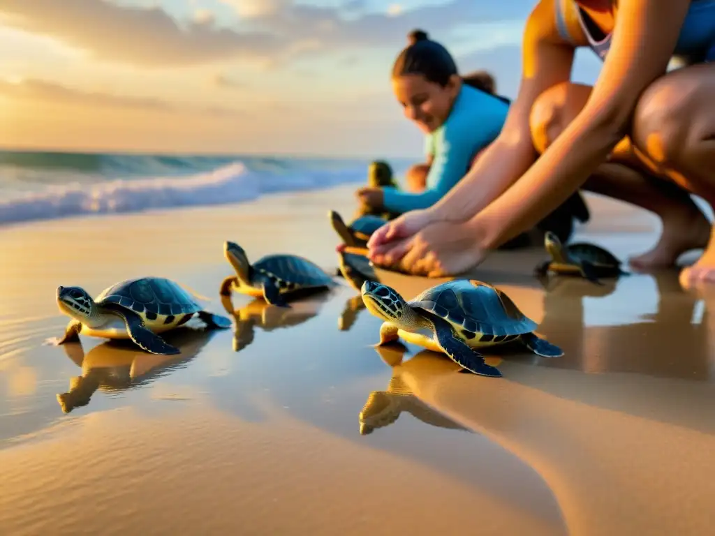 Voluntarios de ONGs liberan crías de tortugas al océano al atardecer, resaltando la conservación educativa de reptiles y anfibios