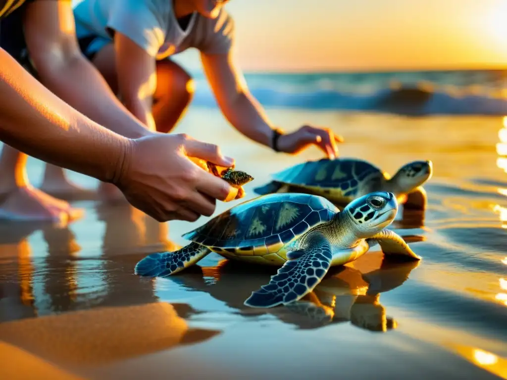 Voluntarios liberando tortugas marinas al atardecer, resplandor dorado del sol en el mar